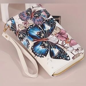 Elegant Butterfly Pattern Wristlet - Blue and Cream